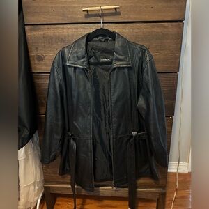 Outbrook black leather jacket with wait tie